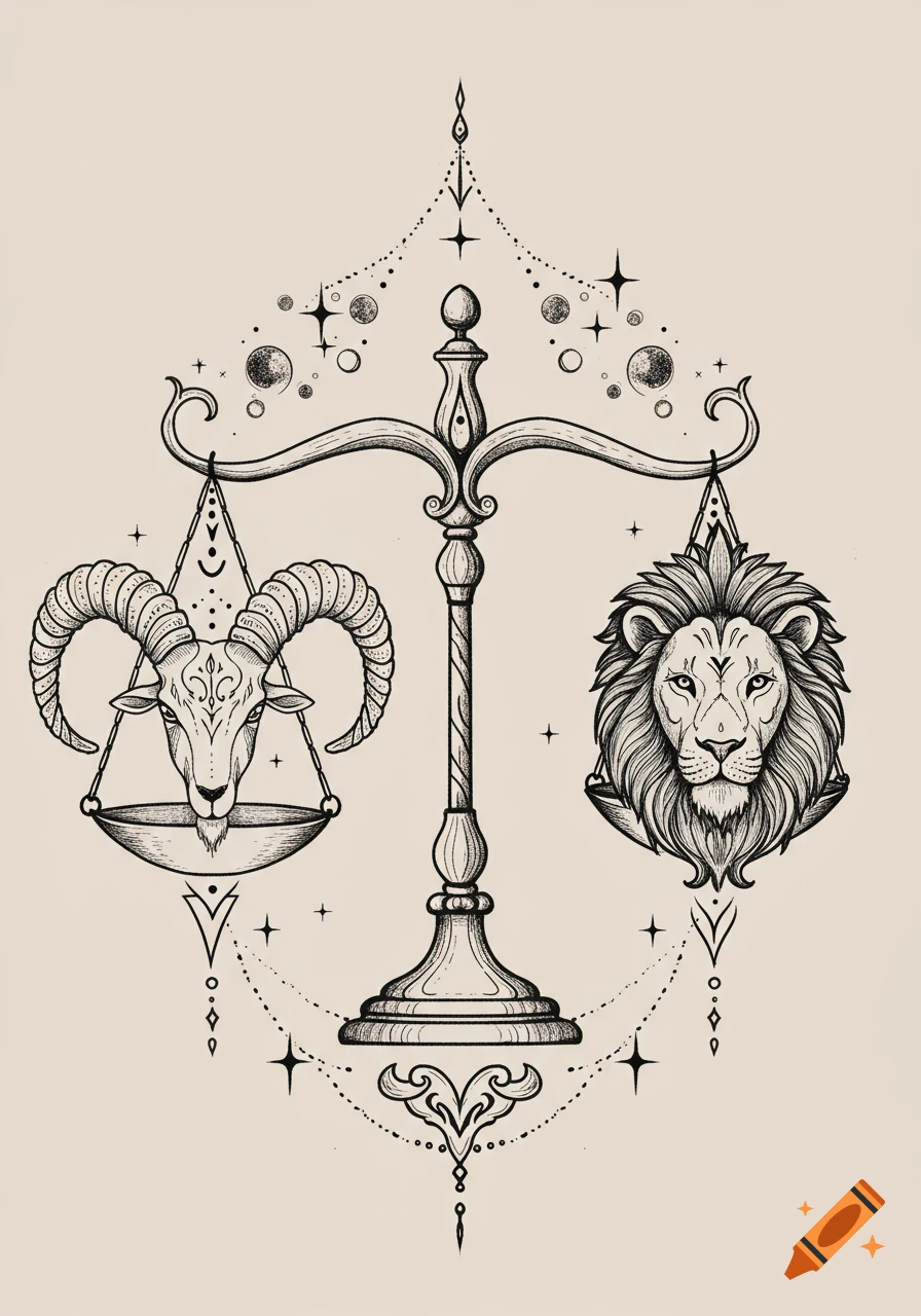 Black and white line art of a balance scale with a ram's head on the high left and a lion's head on the low right, with celestial details.