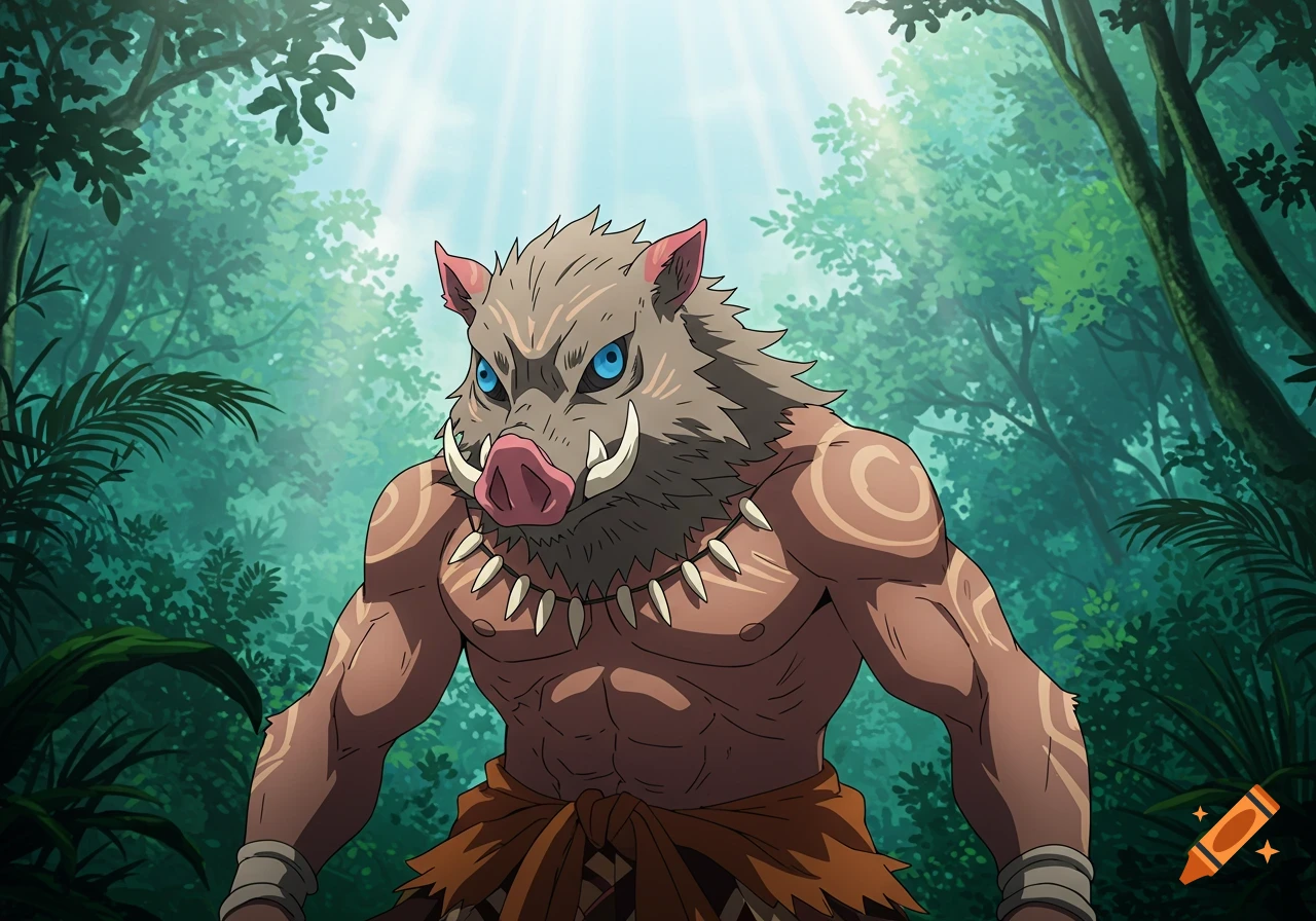 A muscular boar-headed character with blue eyes and a tooth necklace stands in a lush green jungle in an anime style.