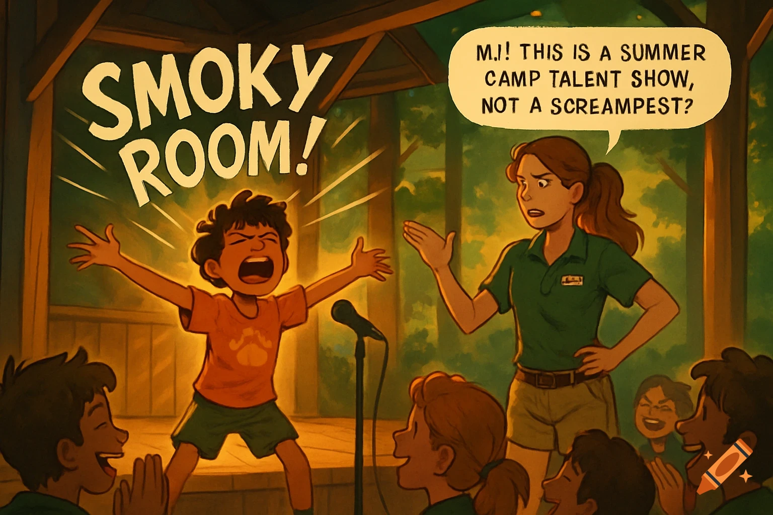 Cartoon of a boy screaming "SMOKY ROOM!" on a camp stage while a counselor tells him, "MJ! This Is A Summer Camp Talent Show, Not A Screamfest!"