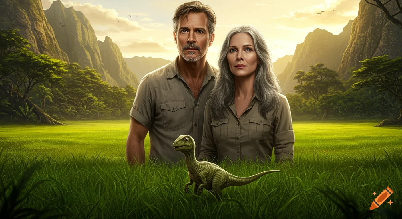A photorealistic image of a man and a woman in safari-style shirts standing in a lush green meadow with a small dinosaur in front of them, set against a backdrop of mountains and trees under a warm, golden sky.