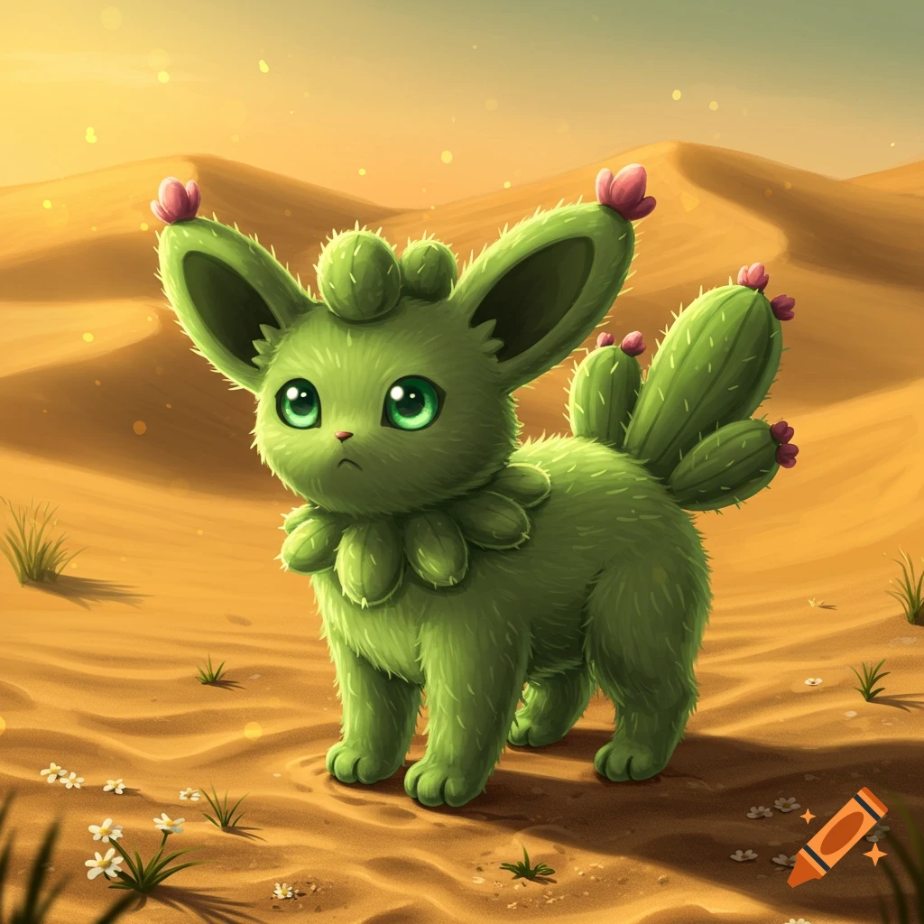 A cute, fluffy green creature with cactus features and pink flowers stands in a sandy desert with dunes under a golden sky.