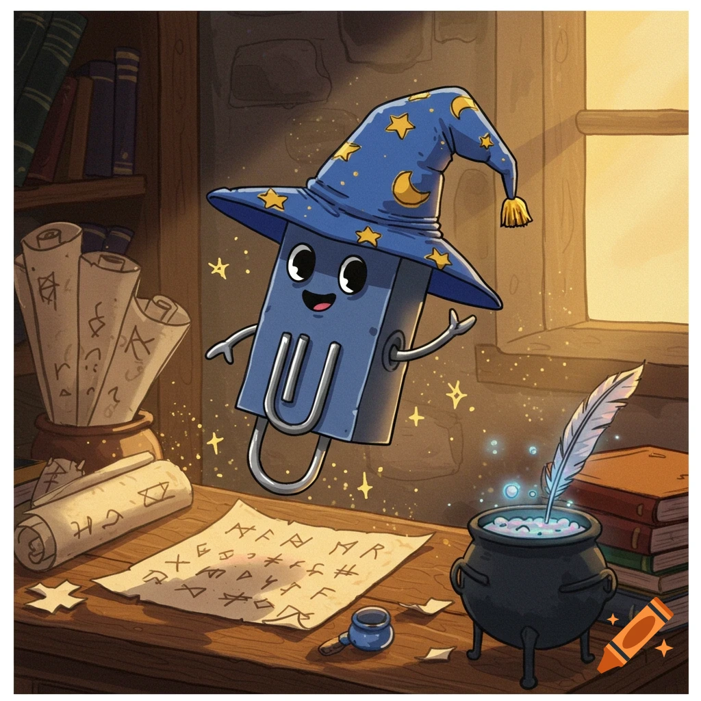 A cartoon blue paperclip character wearing a wizard hat floats above a desk with spell books, scrolls, and a bubbling cauldron.