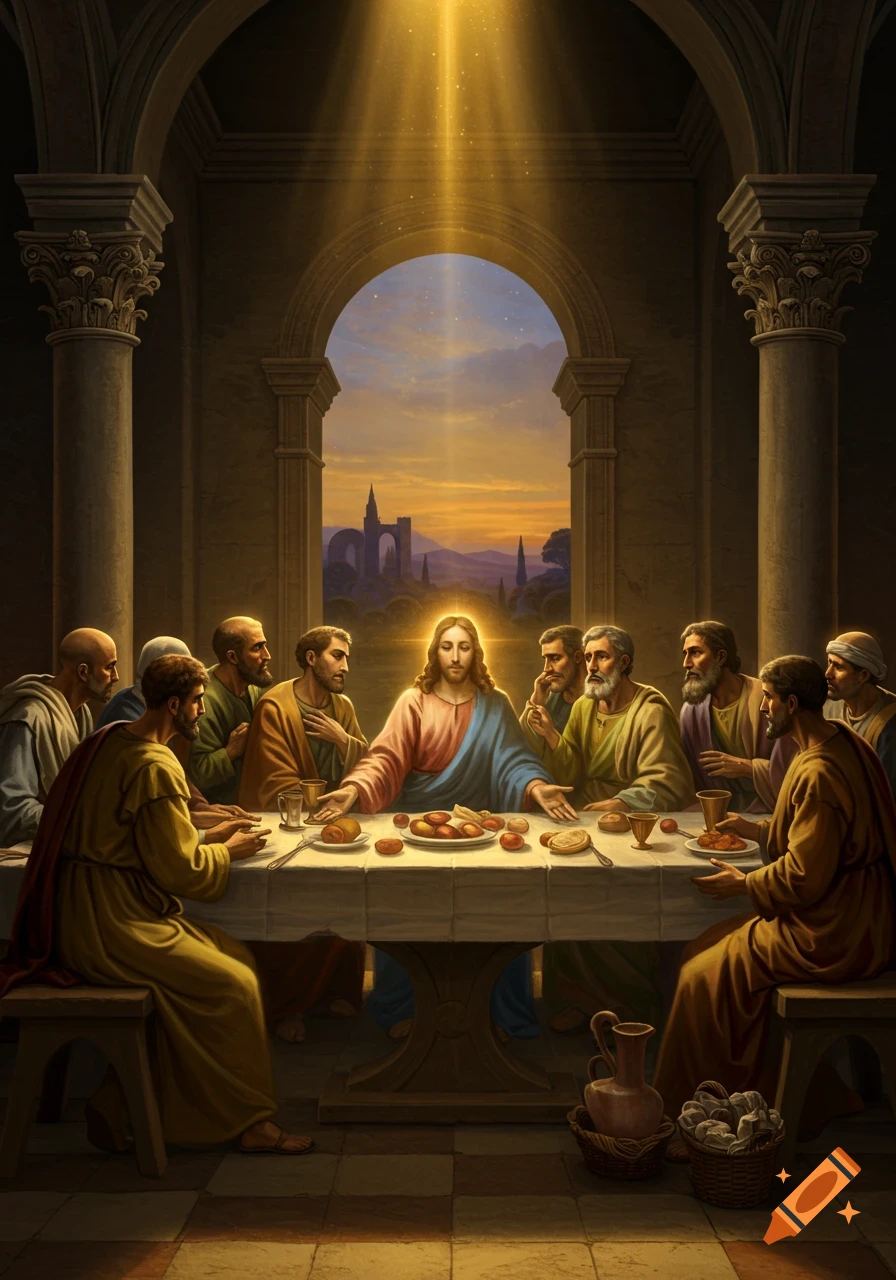 Jesus and disciples at the Last Supper, illuminated by divine light in a classical setting.