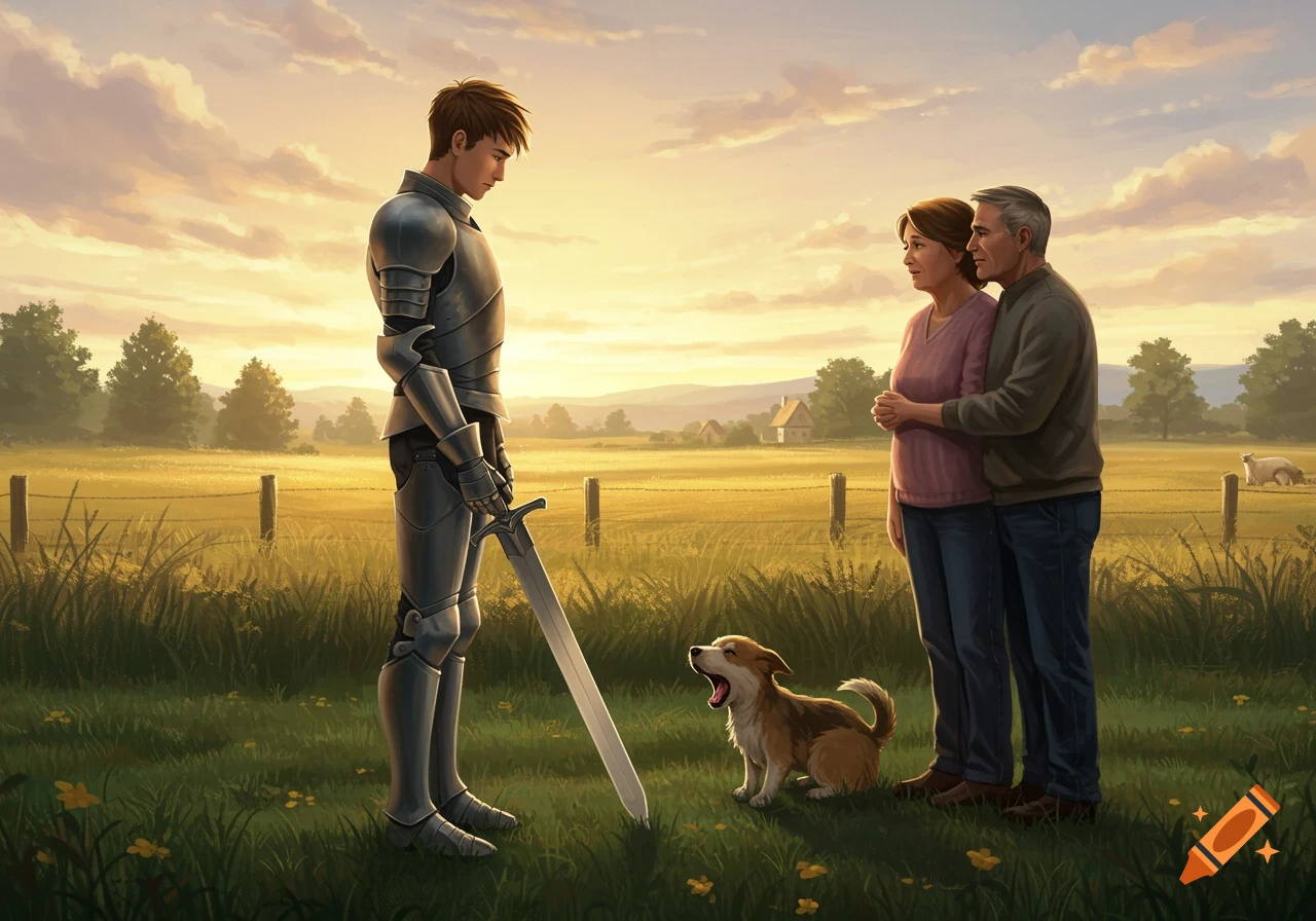 A young knight in armor with a sword stands in a golden field at sunset, looking at his embracing parents and a small yawning dog.