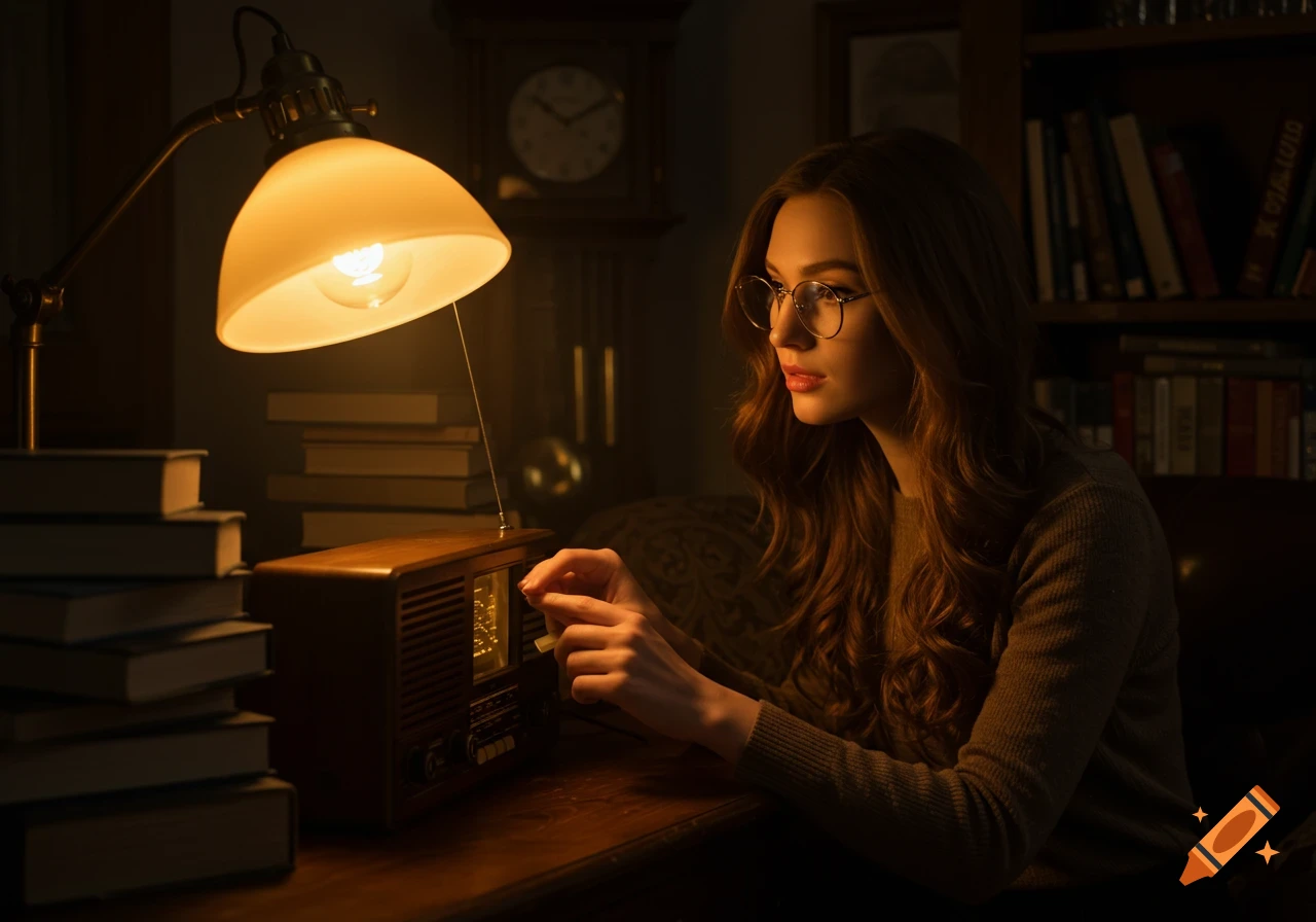 A woman with long brown hair and glasses in a dimly lit room, turning the dial on a vintage analog radio, with books and a clock in the background.