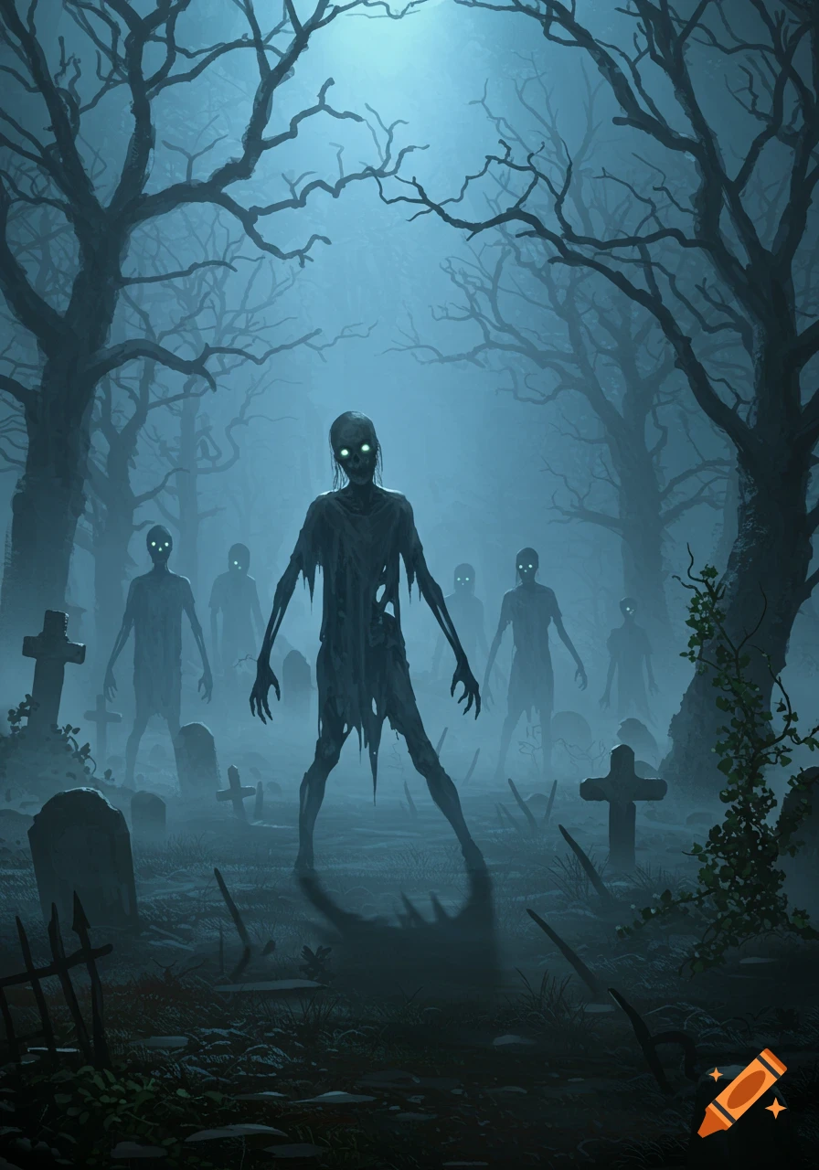 Several ghostly zombies with glowing green eyes emerge from a misty, moonlit forest graveyard with tombstones and bare trees.