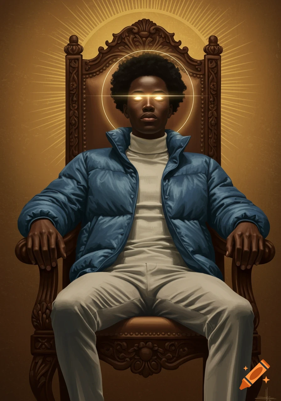 A person of color in a blue puffer jacket and white turtleneck sits on an ornate chair, with glowing eyes and a halo.