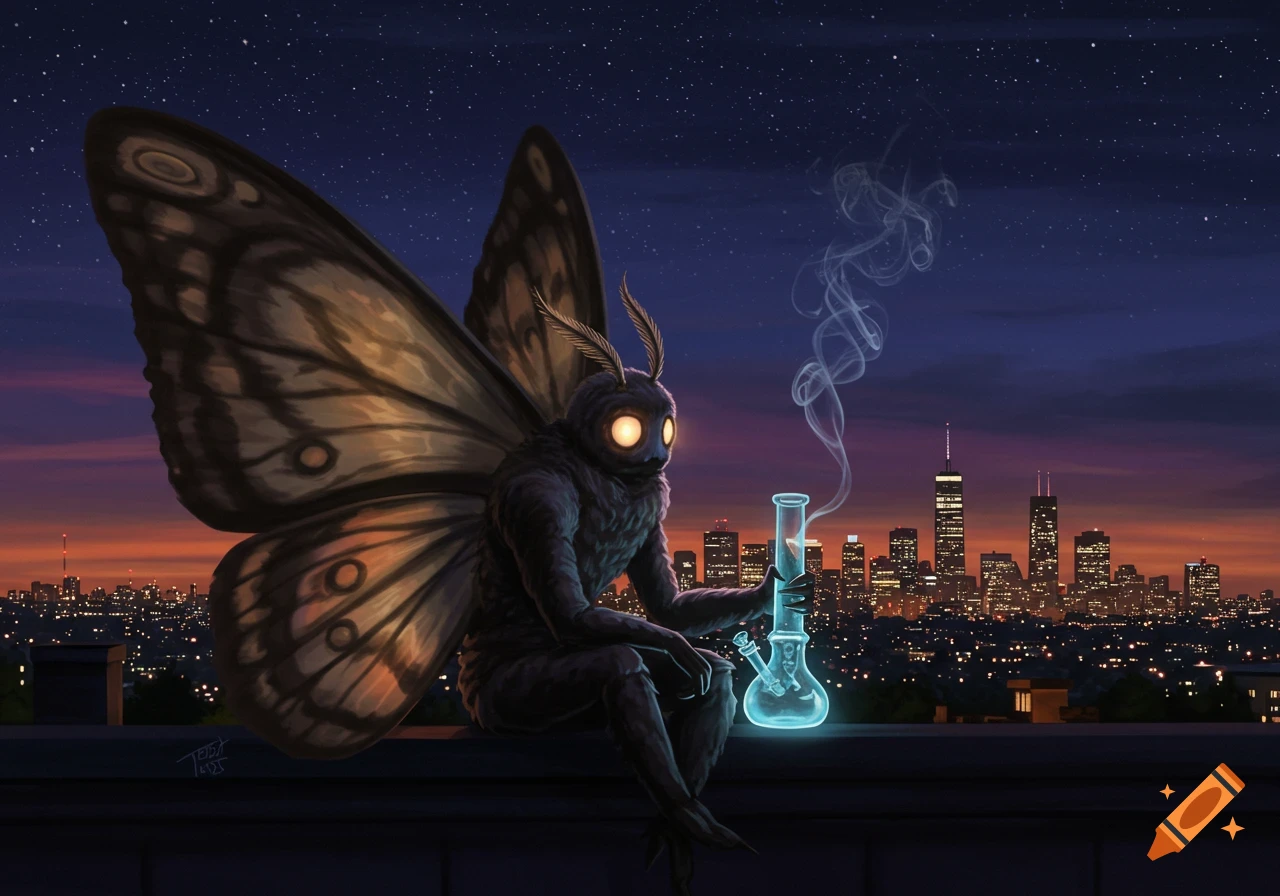 Mothman sits on a rooftop at night, holding a glowing bong with smoke rising, against a city skyline.