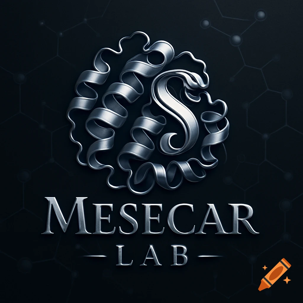A silver, metallic logo featuring a stylized 'S' resembling a snake, intricately woven within a ribbon-like structure. Below, the text 'MESECAR LAB' is rendered in matching silver.