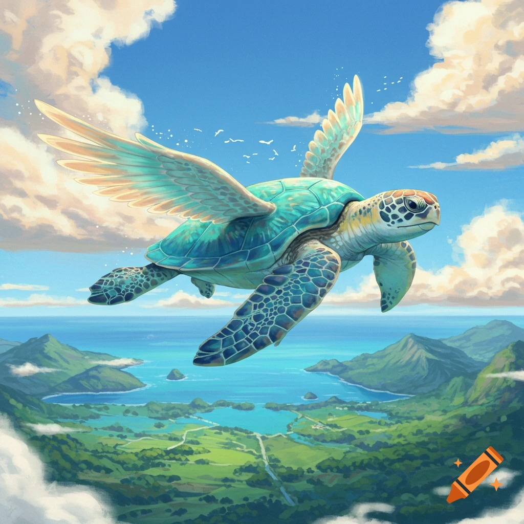 A vibrant winged turtle soars through a blue sky with clouds over a lush green island landscape and turquoise ocean.