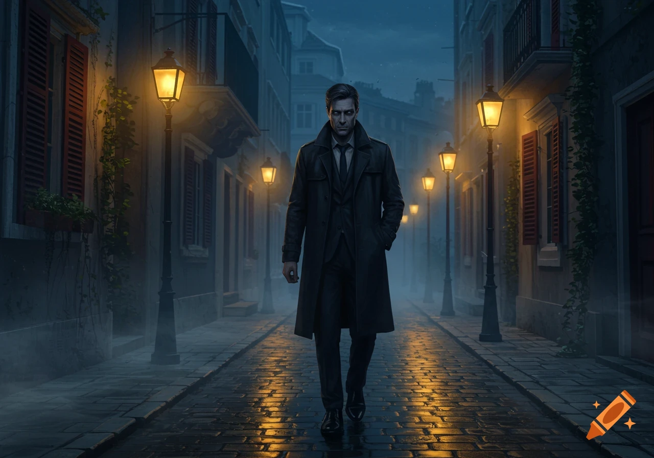 A man in a black trench coat walks down a wet cobblestone street lined with glowing gas lamps under a dark, misty sky.