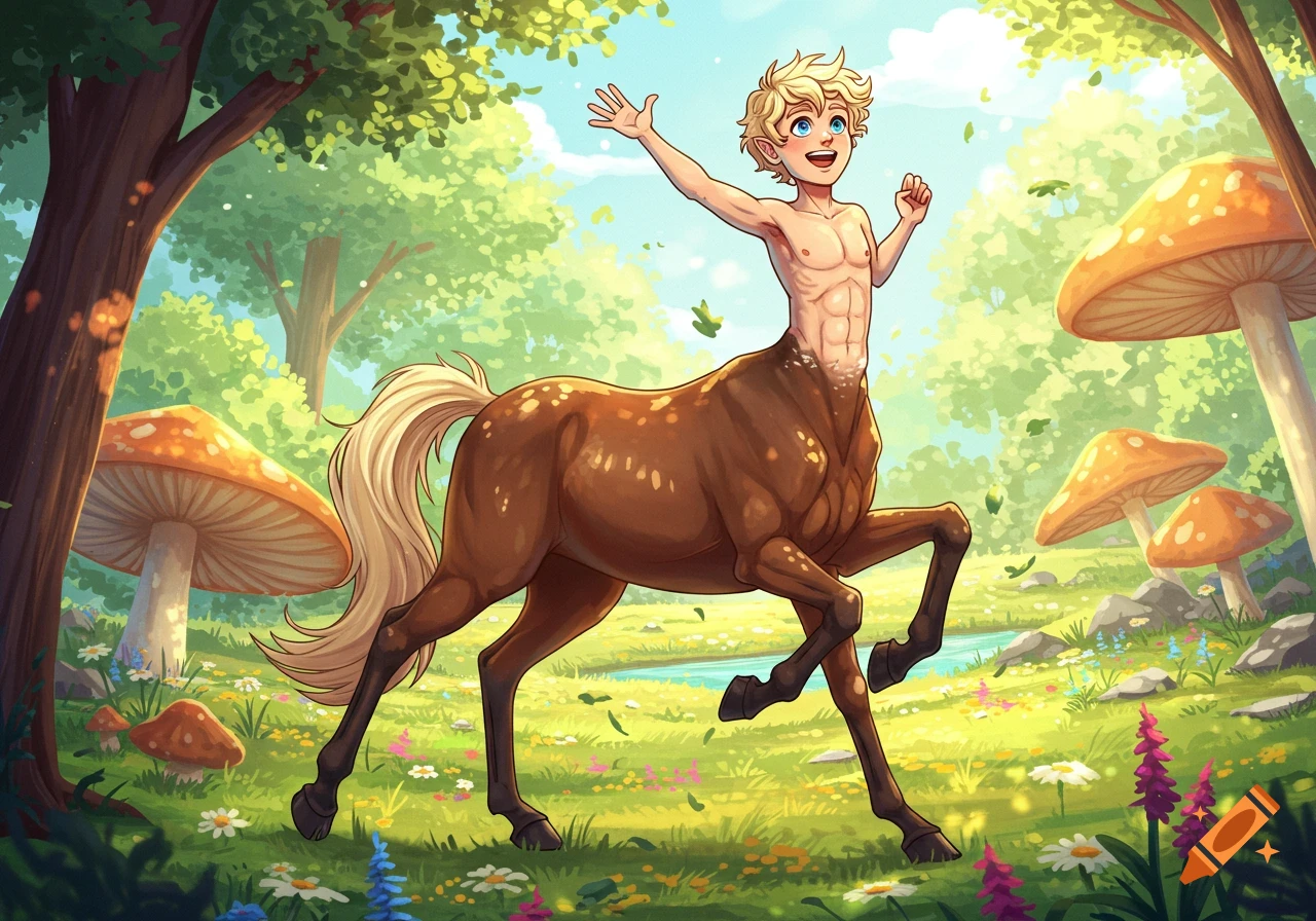 A young male centaur with short blonde hair and a brown horse body stands in a lush, bright green forest with large orange mushrooms and a small stream, in a cartoony style.