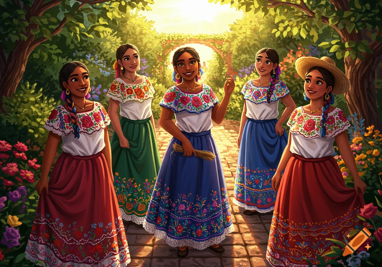 Five smiling Mexican women in colorful embroidered traditional dresses walk down a sunny garden path in a vibrant illustration.