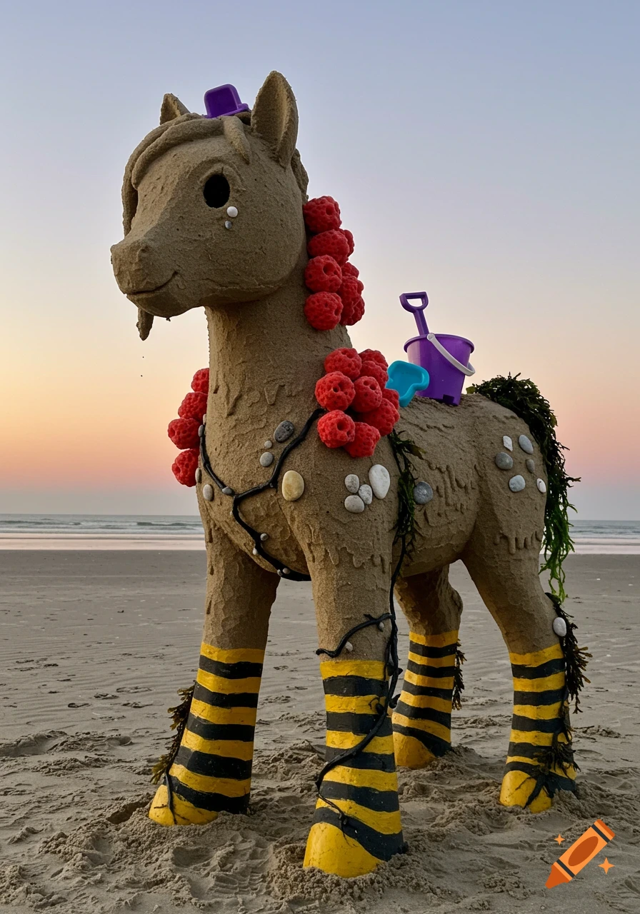 A sand sculpture of a My Little Pony character, adorned with red berry-like objects, rocks, seaweed, and a purple bucket and blue shovel, standing on a sandy beach at sunset.
