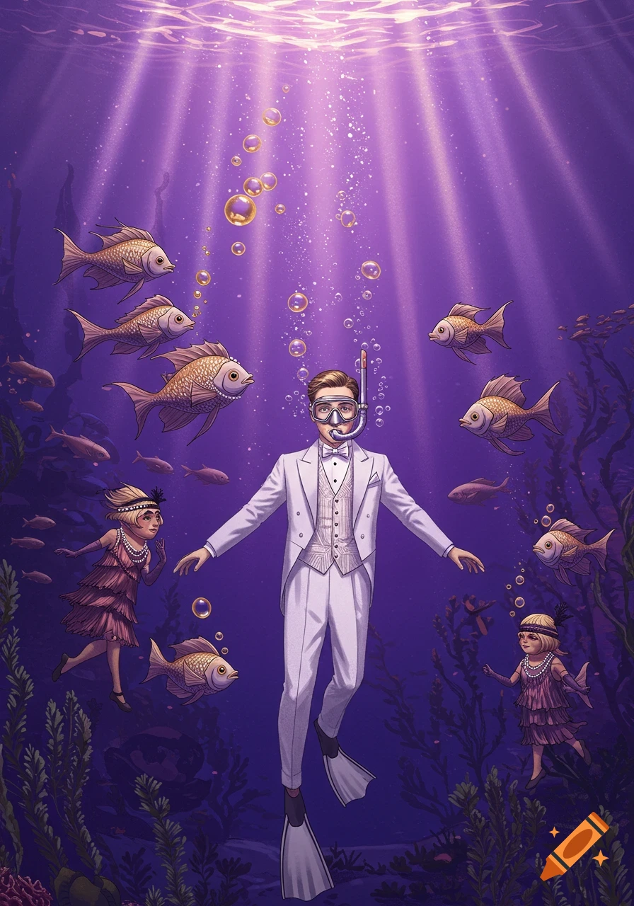 An illustration of a man in a white tuxedo and snorkel, with two girls in 1920s dresses, swimming underwater with fish in purple water.