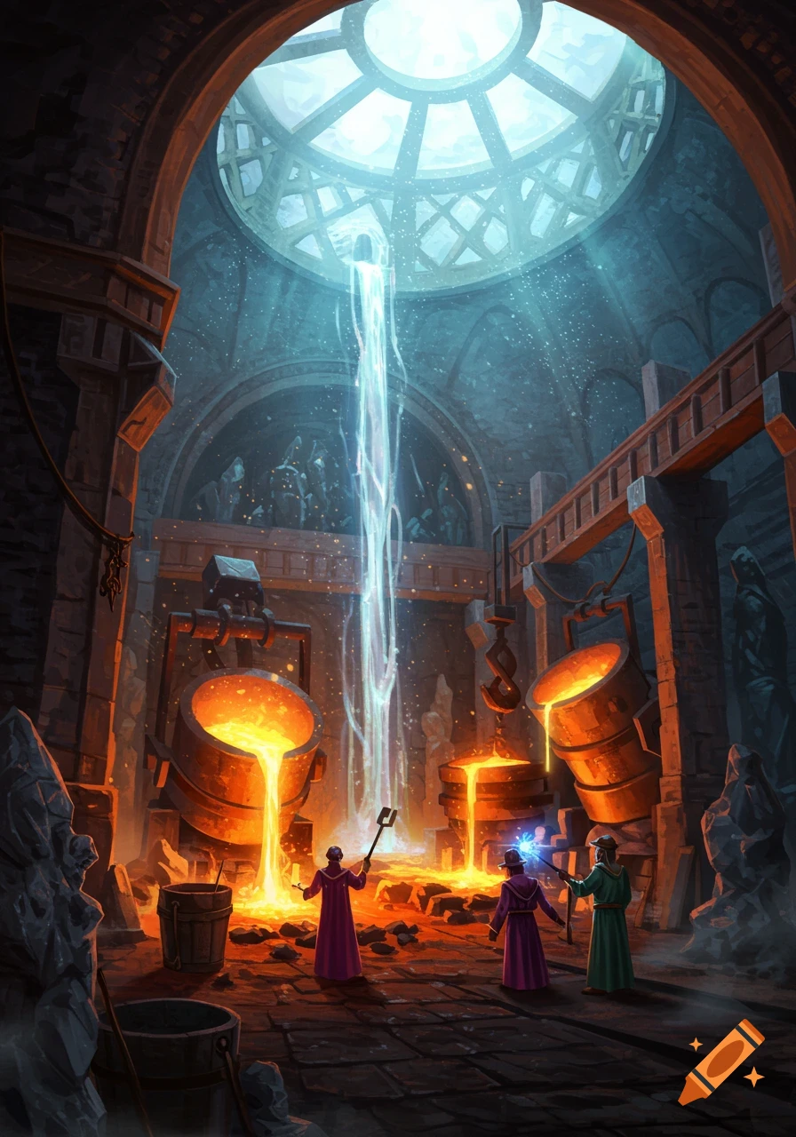 Fantasy illustration of robed figures in a grand, domed magical foundry, working with glowing molten metal as a light beam descends from above.