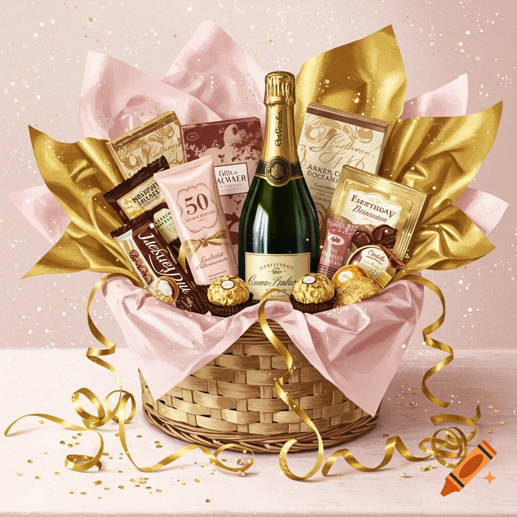A festive gift basket filled with a green bottle of champagne, various chocolates and sweets, and a pink lotion tube, all nestled in pink and gold tissue paper with gold ribbons spilling out.
