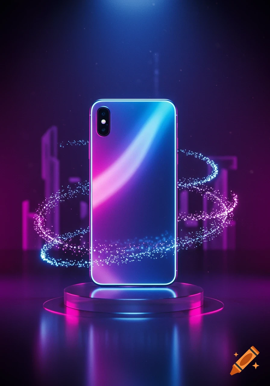 A smartphone with neon pink and blue light streaks stands on a glowing podium in a futuristic, dark setting.