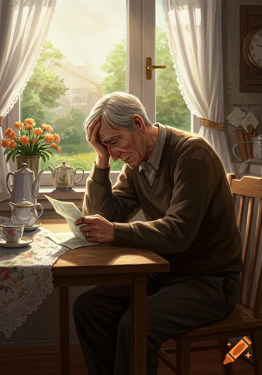An elderly man sits at a table by a window, looking distressed while holding a document. A teaset and flowers are on the table.