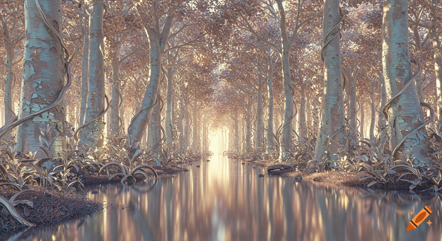 A path through a metallic forest with reflective water, leading to a bright light.
