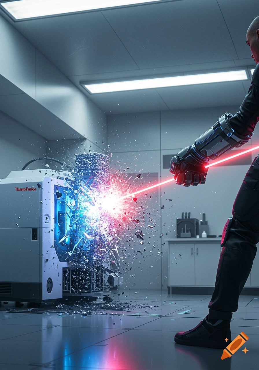 A person with a bionic arm fires a red laser beam, destroying a large white machine in a futuristic laboratory, surrounded by debris and bright light.