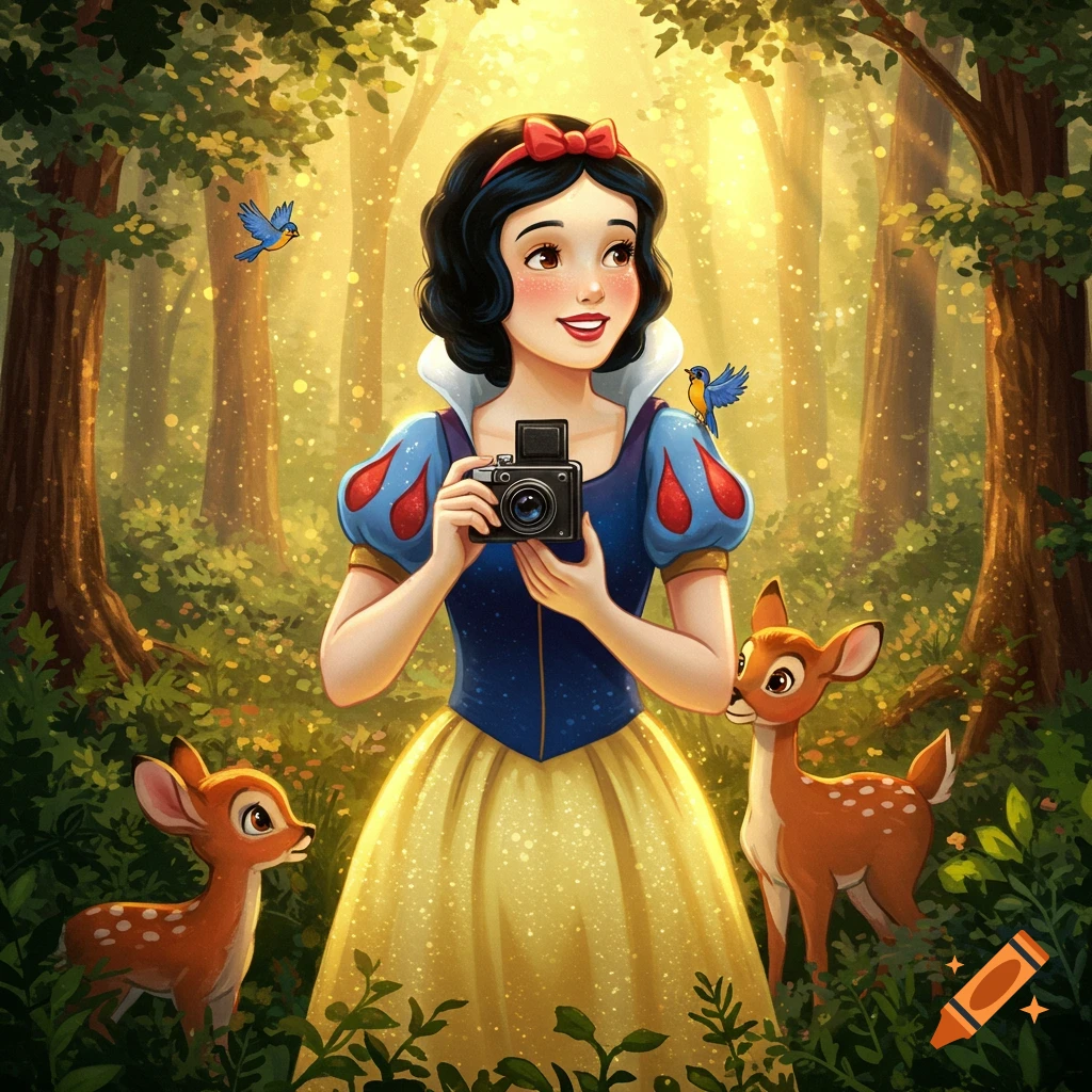 Snow White in a magical forest holding a vintage camera, with two fawns and two birds beside her.