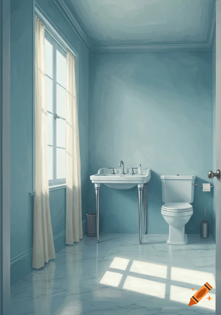 A blue powder room with a tall window and white curtains, a white pedestal sink, and a toilet on a marble floor with sunlight.