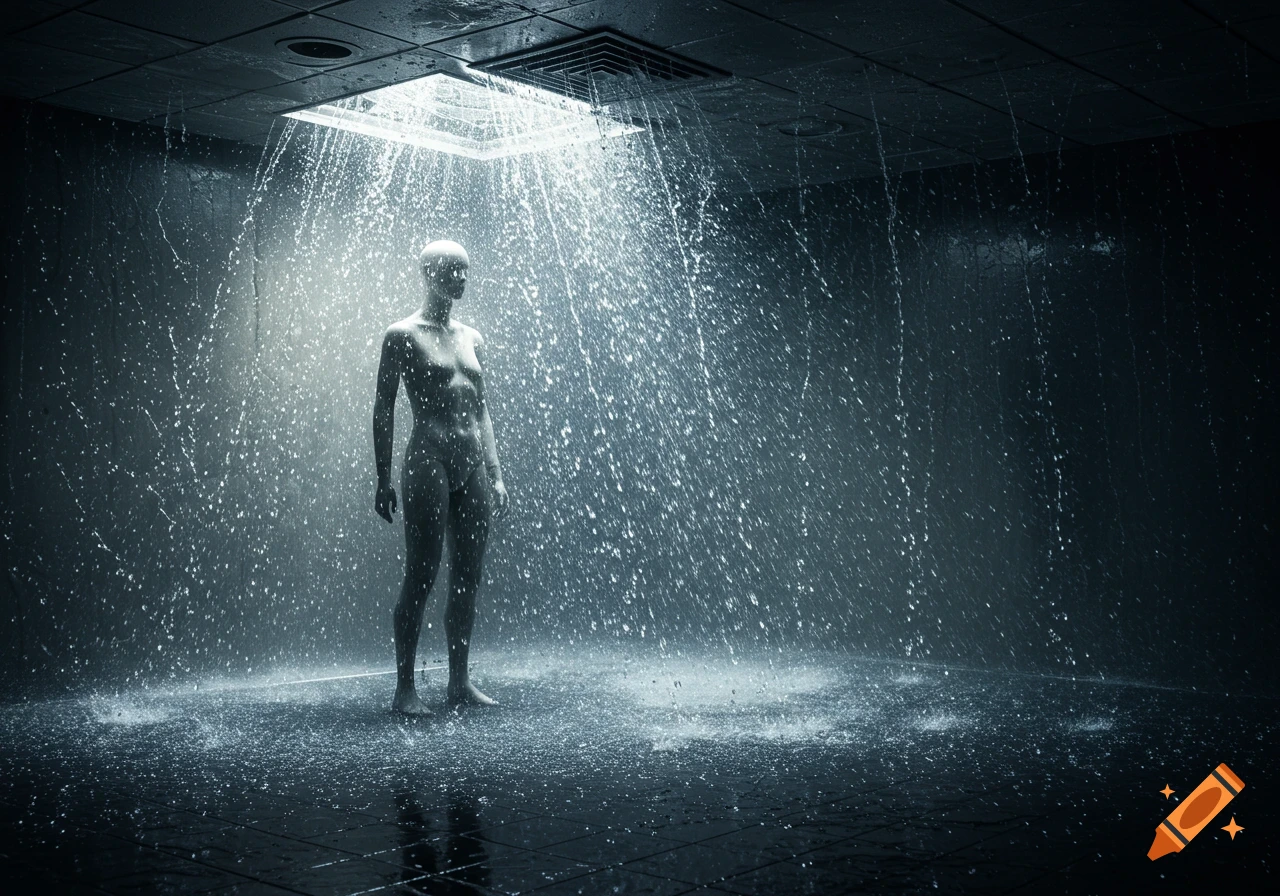 Photorealistic image of a mannequin standing under heavy water spray in a dark, tiled room.