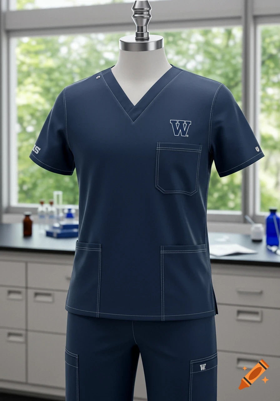 A mannequin displays navy blue medical scrubs with white stitching, featuring a 'W' logo on the chest and pants, in a laboratory setting.