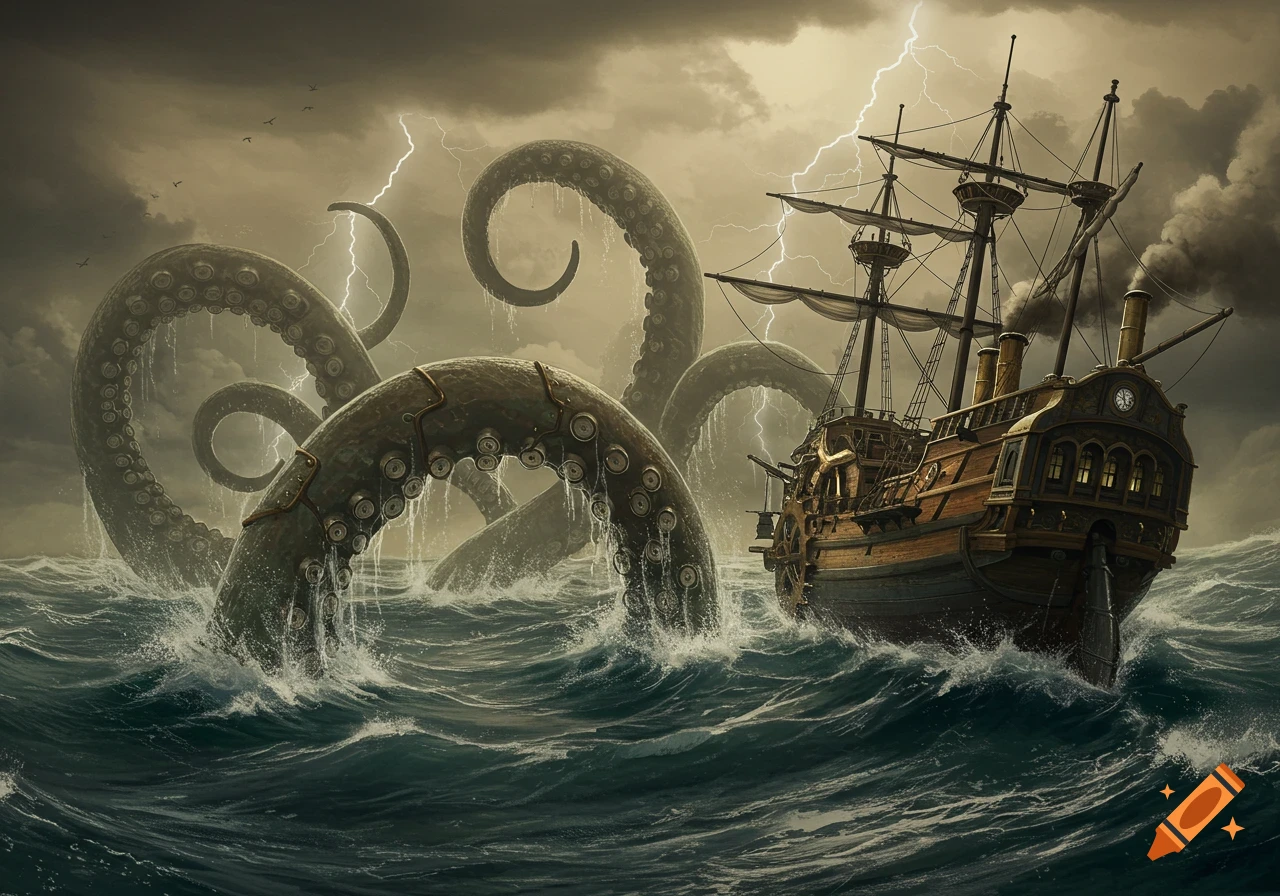 A steampunk kraken with metal-plated tentacles attacks a steampunk pirate ship on a stormy, lightning-filled sea.