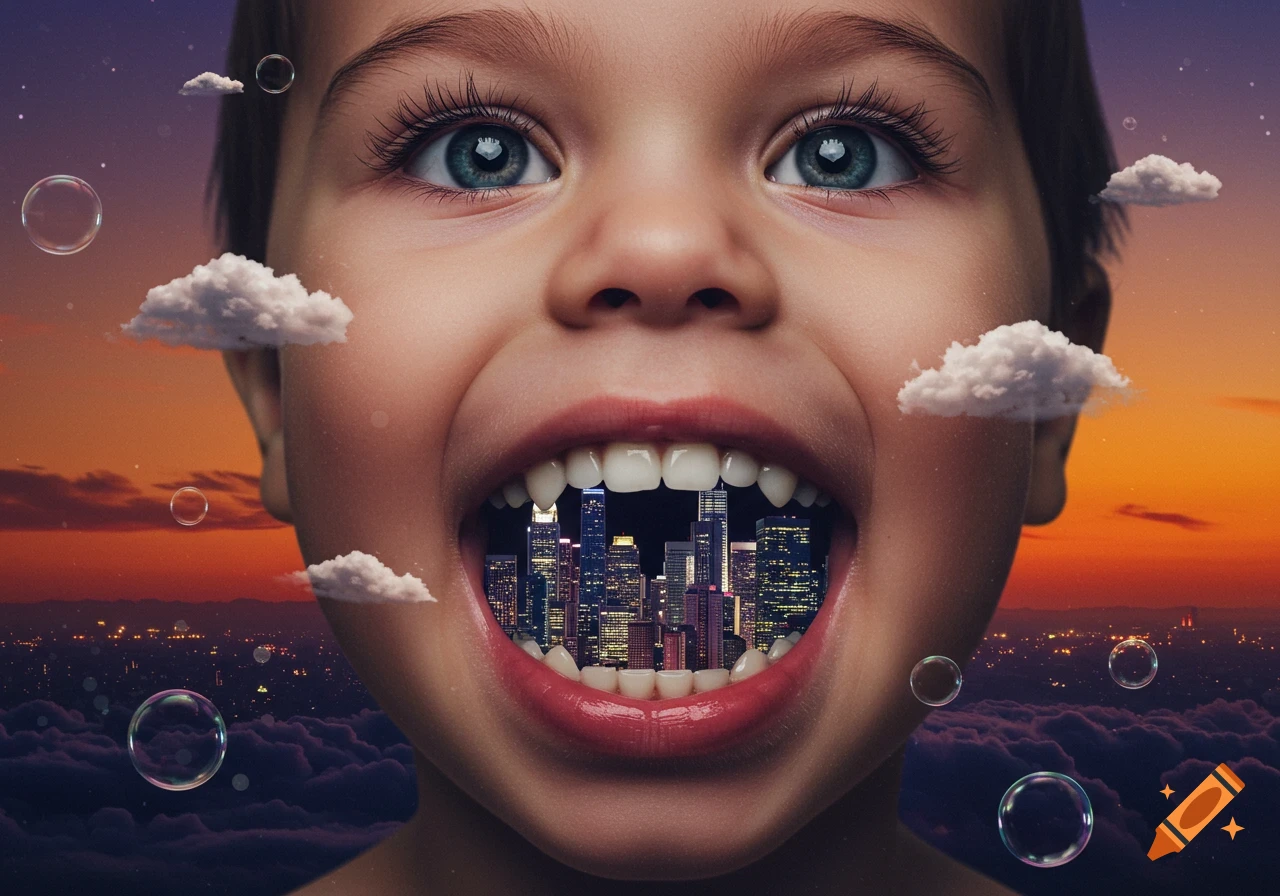 Close-up of a child with open mouth, revealing a cityscape inside. Clouds and bubbles float against a sunset sky.