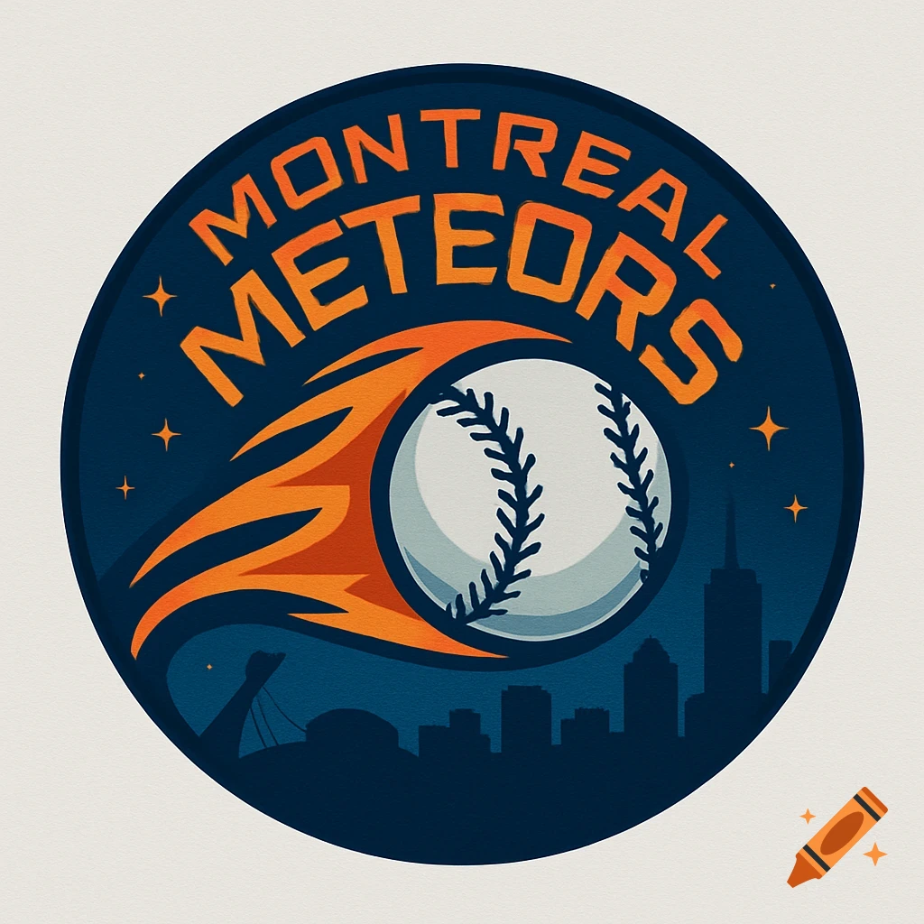 A circular logo for the Montreal Meteors baseball team, featuring a baseball with an orange fiery trail over a dark blue sky with stars and a city skyline.