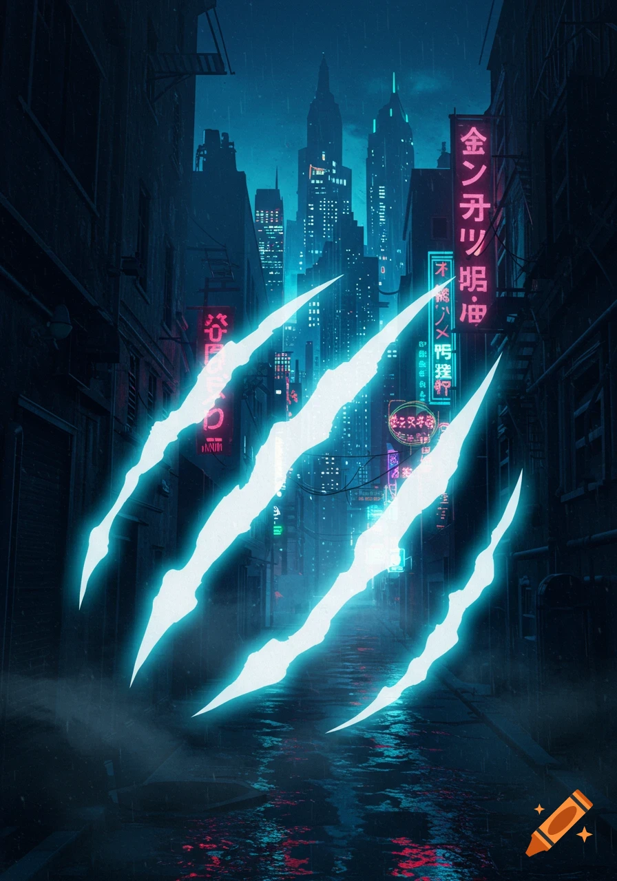 Four bright blue glowing claw marks dominate the foreground of a dark, rainy cyberpunk city street with neon signs and tall buildings.