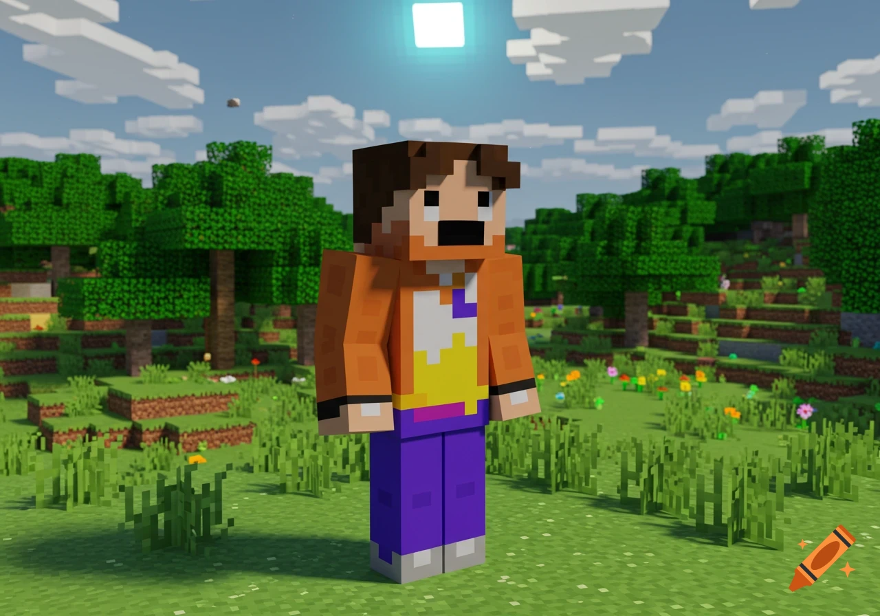 A blocky character resembling a Minecraft player skin with brown hair and beard, orange jacket, yellow shirt, and purple pants stands in a vibrant blocky world with trees, grass, and a bright square sun.