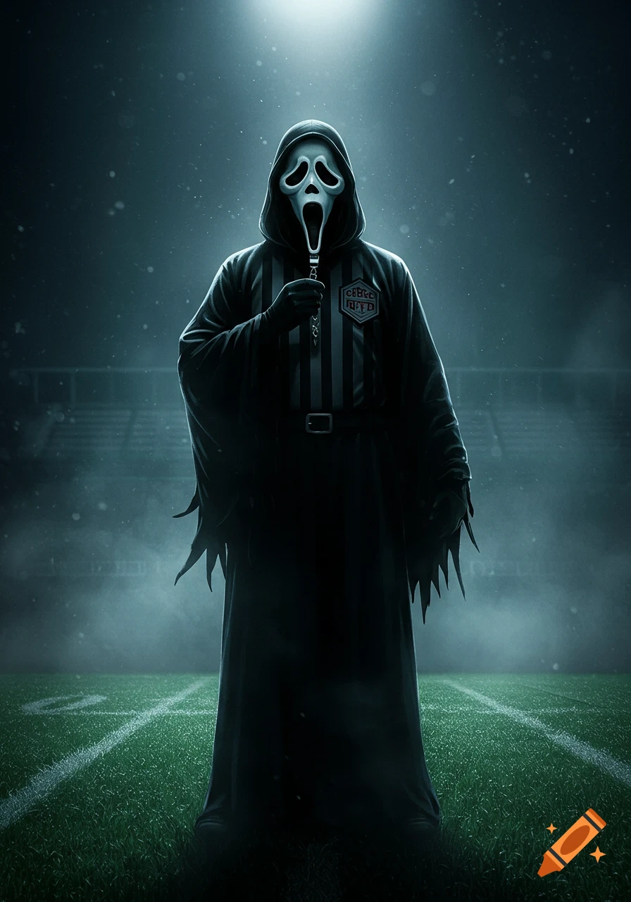 Ghostface in a referee uniform stands on a misty football field under a spotlight.