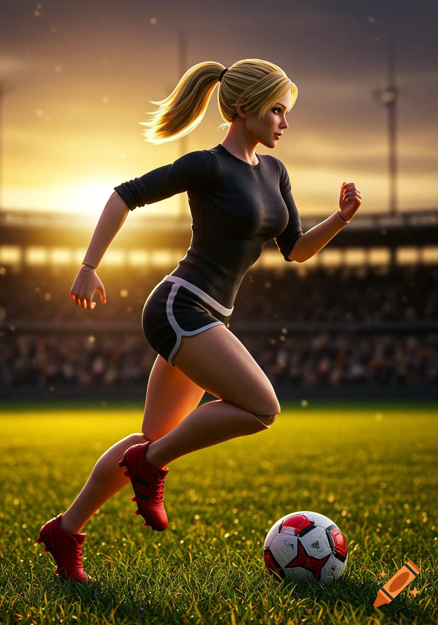 A stylized blonde female soccer player in a black shirt and shorts runs on a grass field next to a soccer ball at sunset in a stadium.