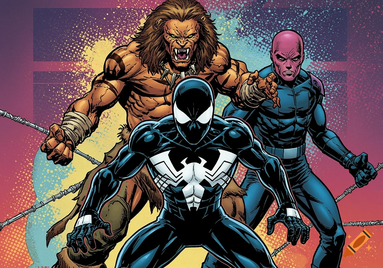 Black Suit Spider-Man, Kraven the Hunter, and Sin-Eater in 80s comic art style.