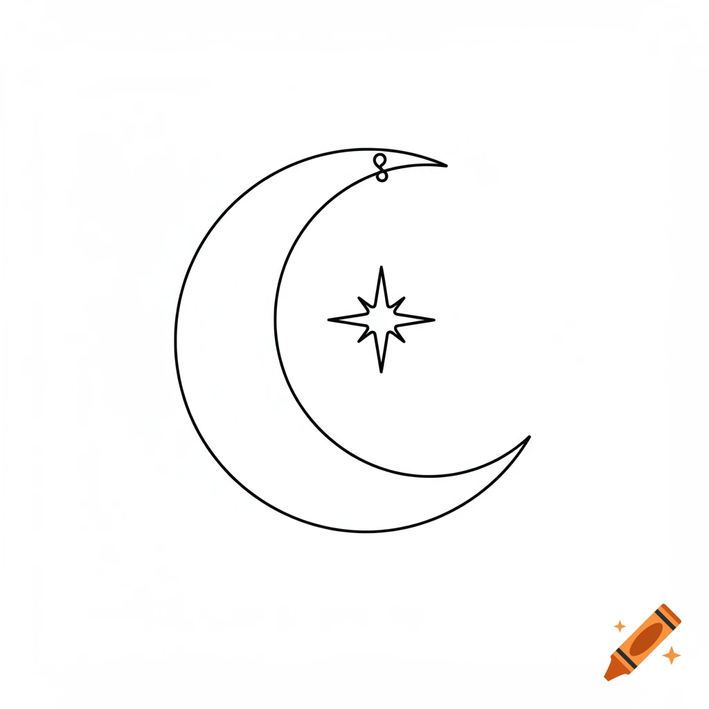 A simple black line art drawing of a crescent moon with a small star inside and a small ring near its top tip on a white background.