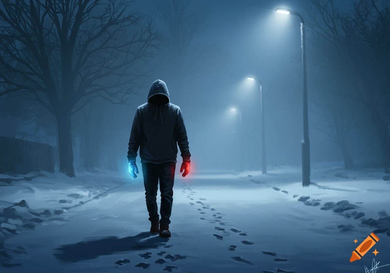 A hooded figure walks away from the viewer down a snowy path at night, illuminated by streetlights, with one hand glowing red and the other blue.