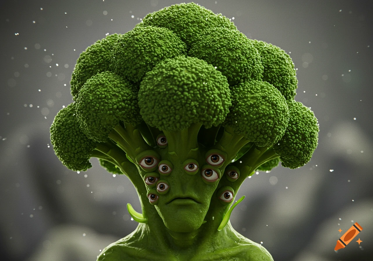 Photorealistic green alien with a broccoli head and multiple brown eyes, on a blurry grey background.