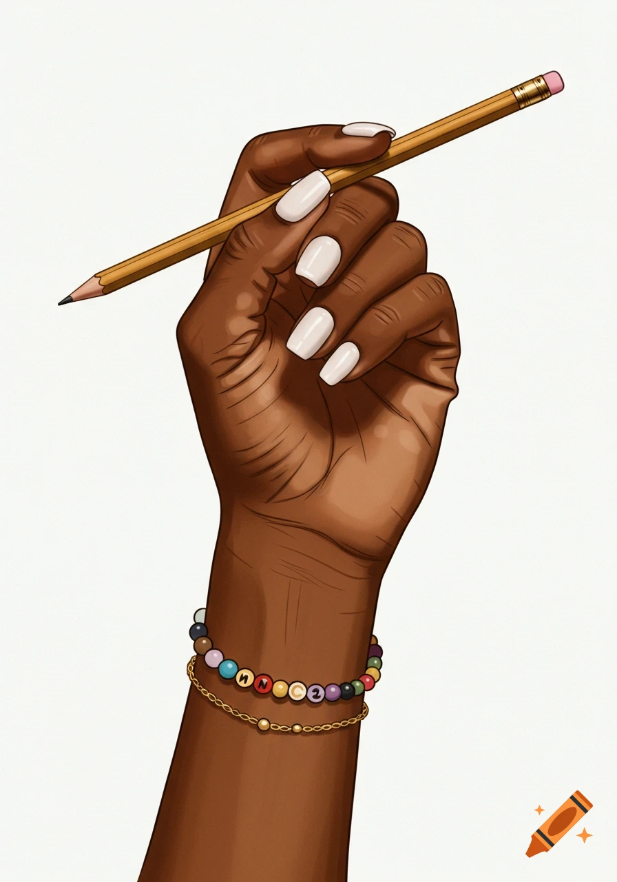 A brown-skinned hand with white nails holds a yellow pencil against a white background. The hand wears two bracelets, one a gold chain and the other with colorful letter beads.
