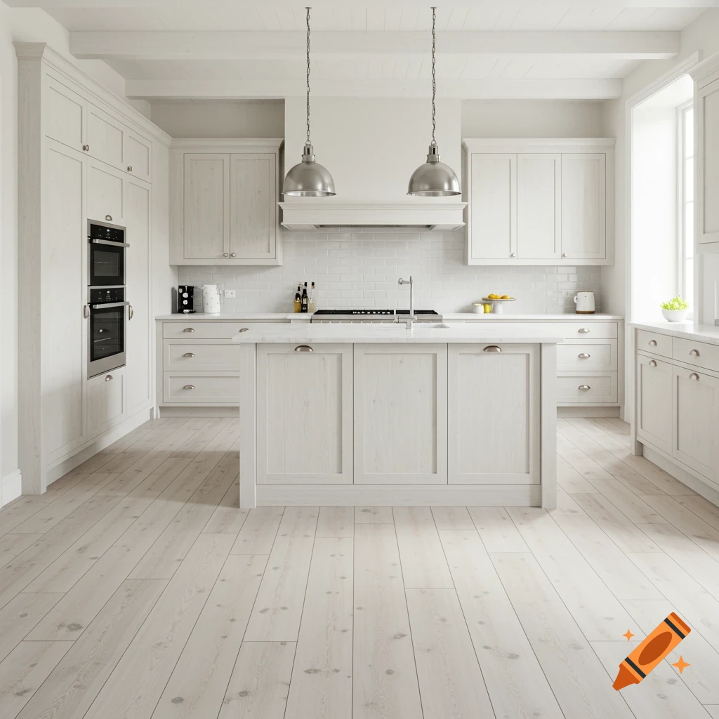 A bright, modern kitchen with white-washed wooden floors, white cabinets, a central island, and stainless steel ovens and a sink.