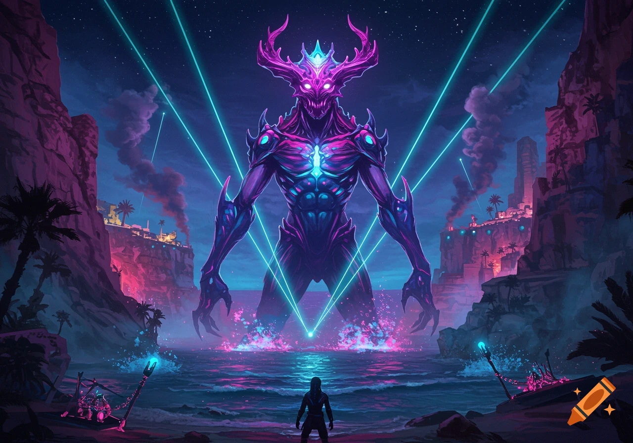 A giant glowing purple and blue monster with horns stands in water, illuminated by laser beams, facing a person on a beach. A city is on cliffs in the background.