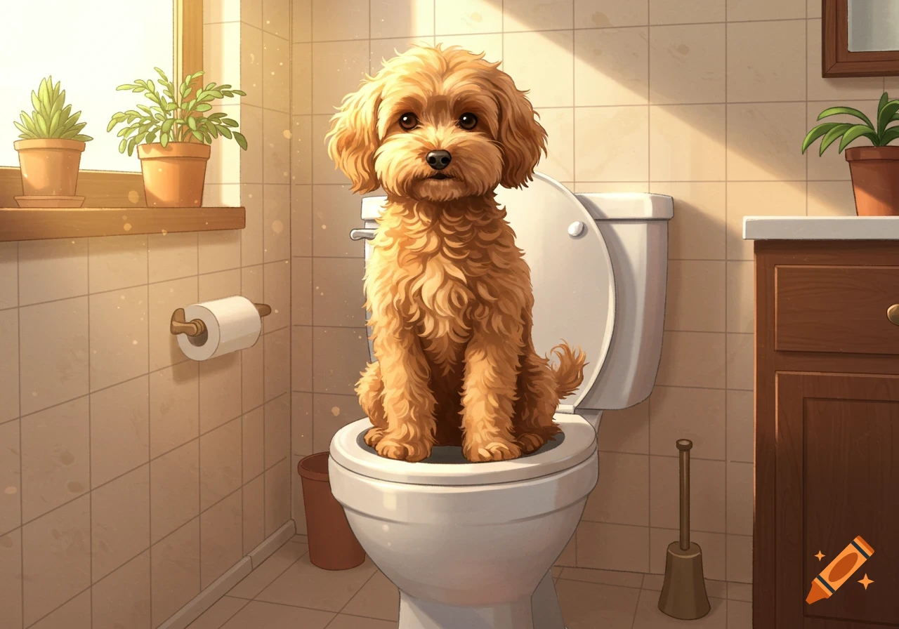 A cute cartoon mini golden doodle dog sitting on a toilet in a brightly lit bathroom.