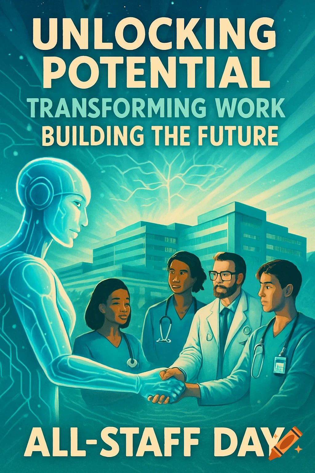 A stylized poster showing a humanoid AI shaking hands with a doctor, with other healthcare staff and modern buildings in the background. Text reads "Unlocking Potential, Transforming Work, Building the Future" and "All-Staff Day."