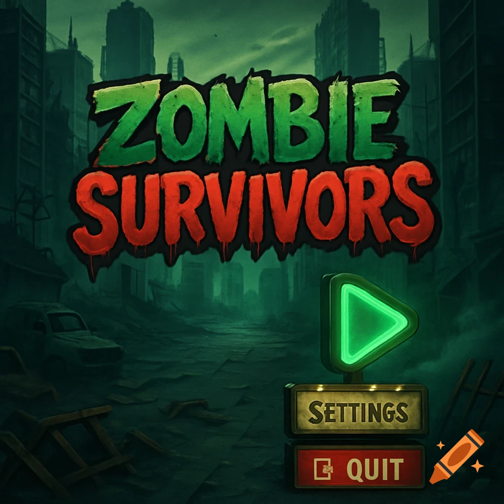 A game title screen for 'Zombie Survivors' with a green glowing play button, 'SETTINGS' and 'QUIT' buttons, against a dark, ruined city background.