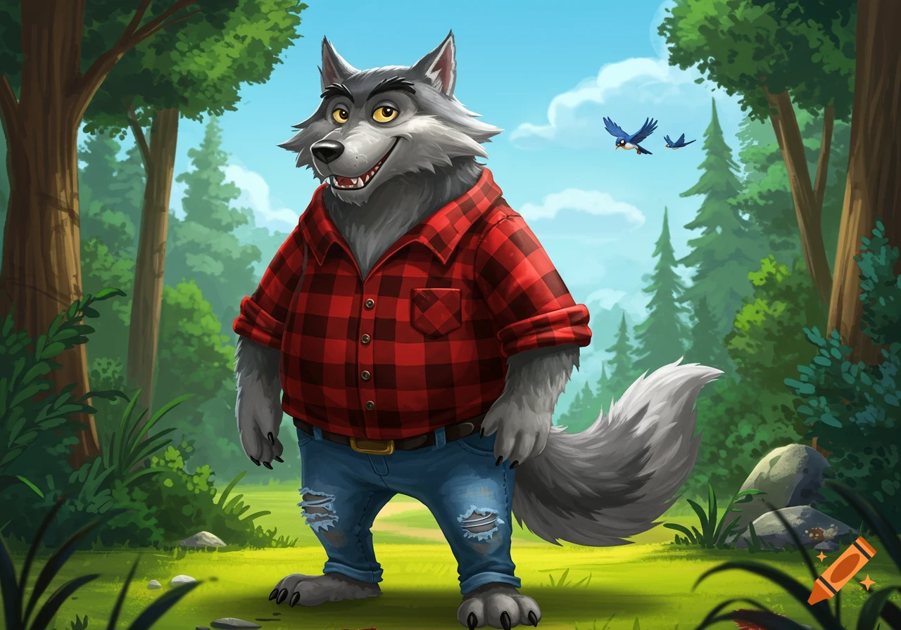 A friendly cartoon wolf in a red plaid shirt and ripped jeans stands in a vibrant green forest with blue birds flying.