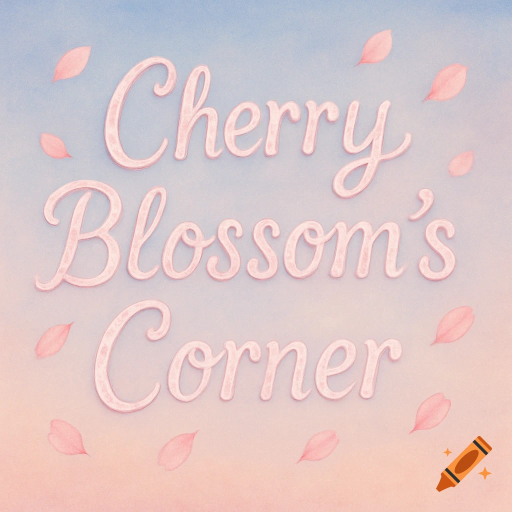 Soft pink text 'Cherry Blossom's Corner' on a pastel blue and pink gradient background, with falling cherry blossom petals, in a watercolor style.