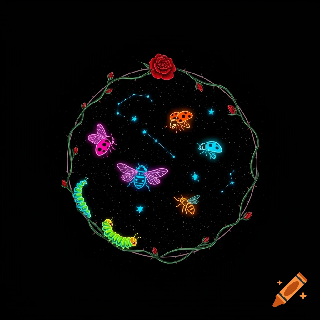 Neon illustration of glowing insects and caterpillars inside a vine circle with a red rose and starry night sky on a black background.