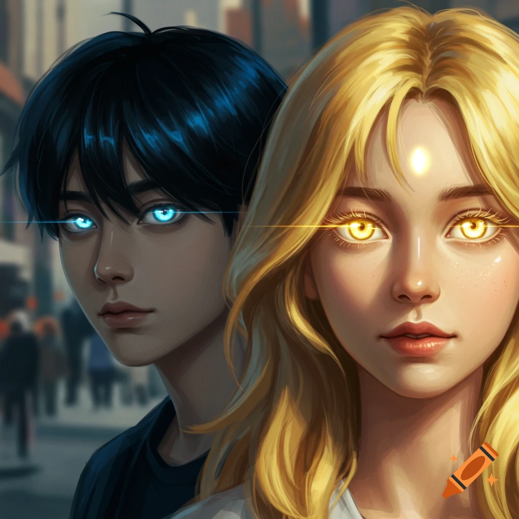 Digital painting of a boy with glowing blue eyes and a girl with glowing golden eyes, set in an urban background.